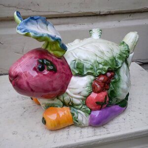 Unique Vintage Majolica Sculpted Vegetable Ceramic Rabbit Tureen & Spoon